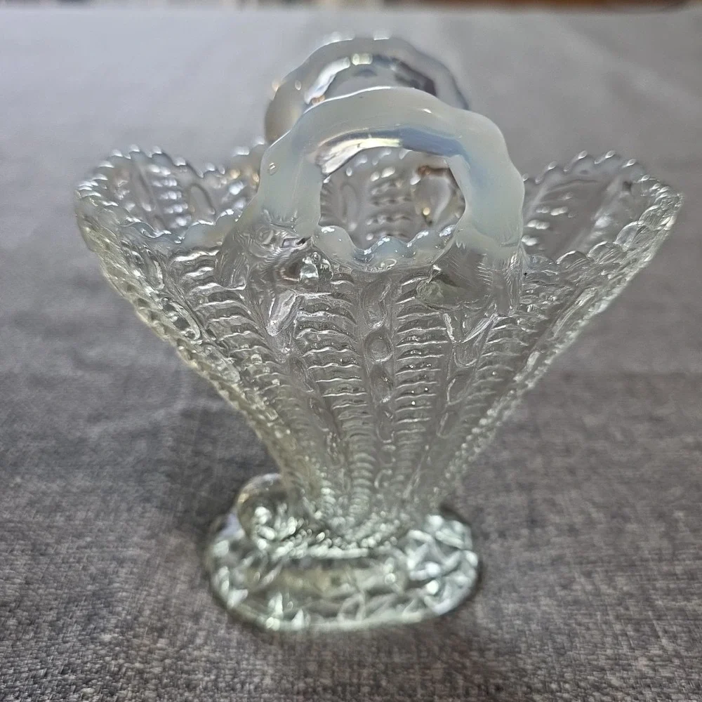 Fan Vase Clear Opalescent Art Glass Handled